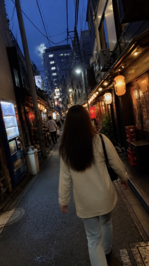 A traveler walking through a lantern-lit Tokyo alley
