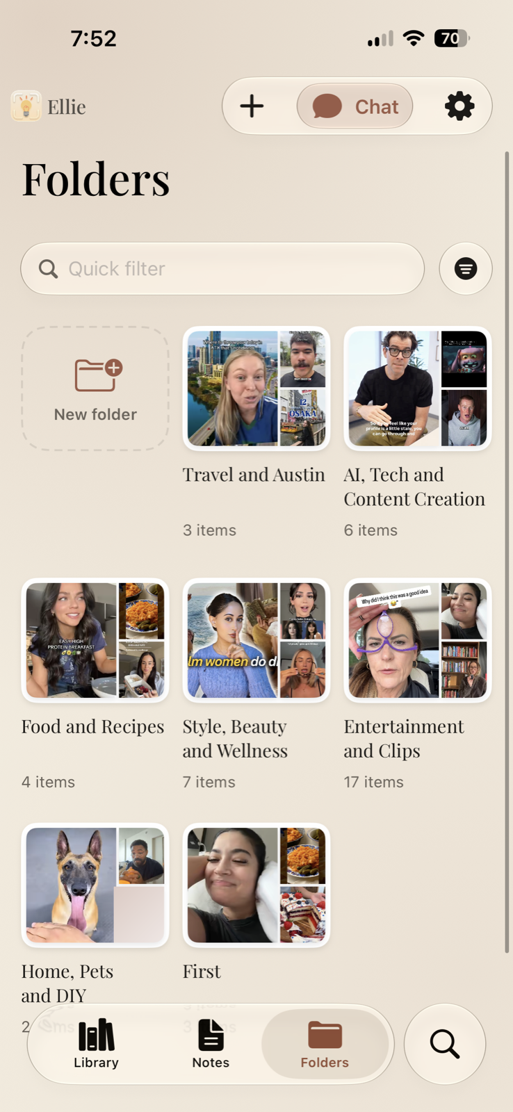 Ellie Folders screen organizing saved videos into visual collections