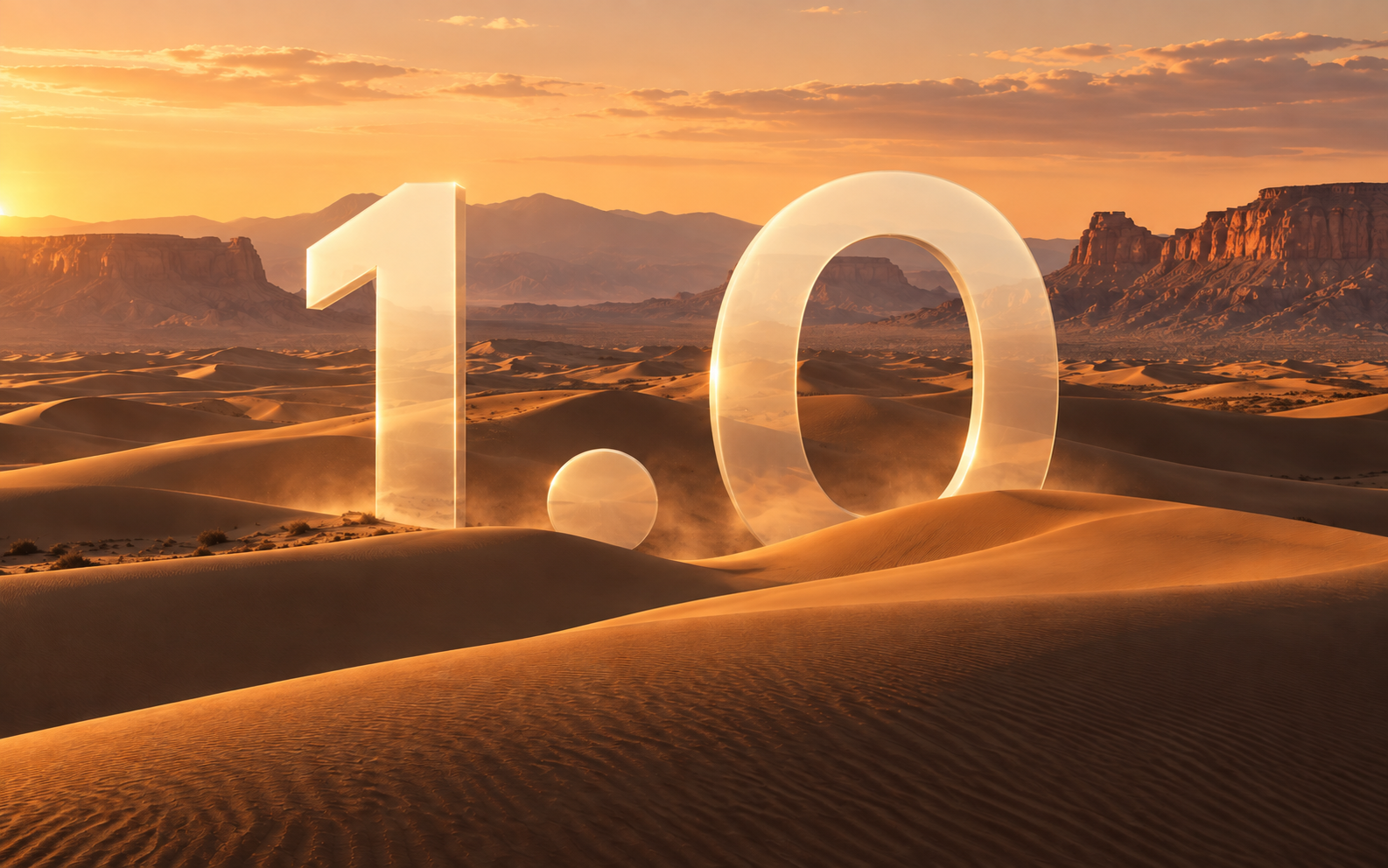 Ellie 1.0 in luminous glass numerals nestled among golden desert dunes