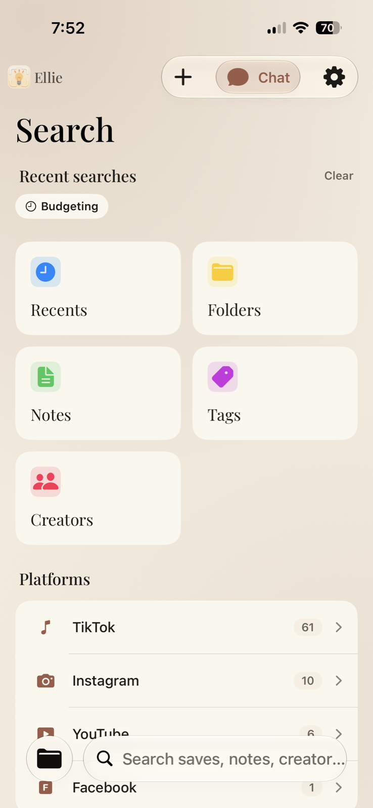 Ellie Search screen for finding saves, notes, folders, tags, creators, and platforms